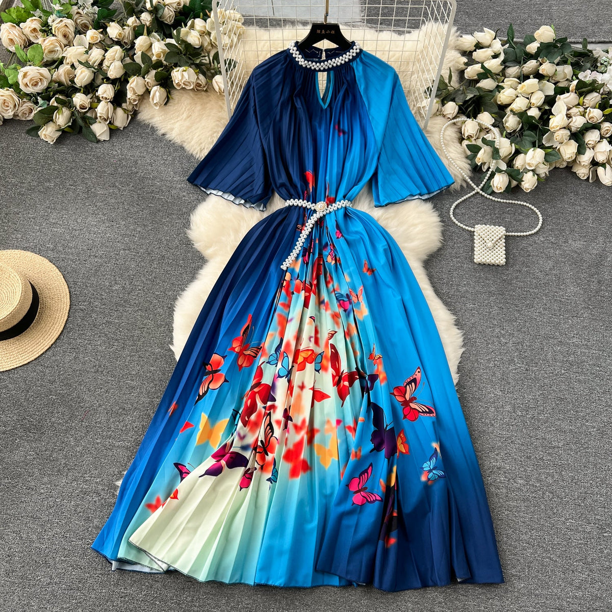 Elegant Beaded Floral Printed Dress