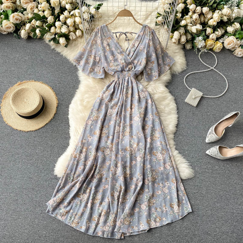 V-yaka Slim Chiffon Çiçekli Elbise
