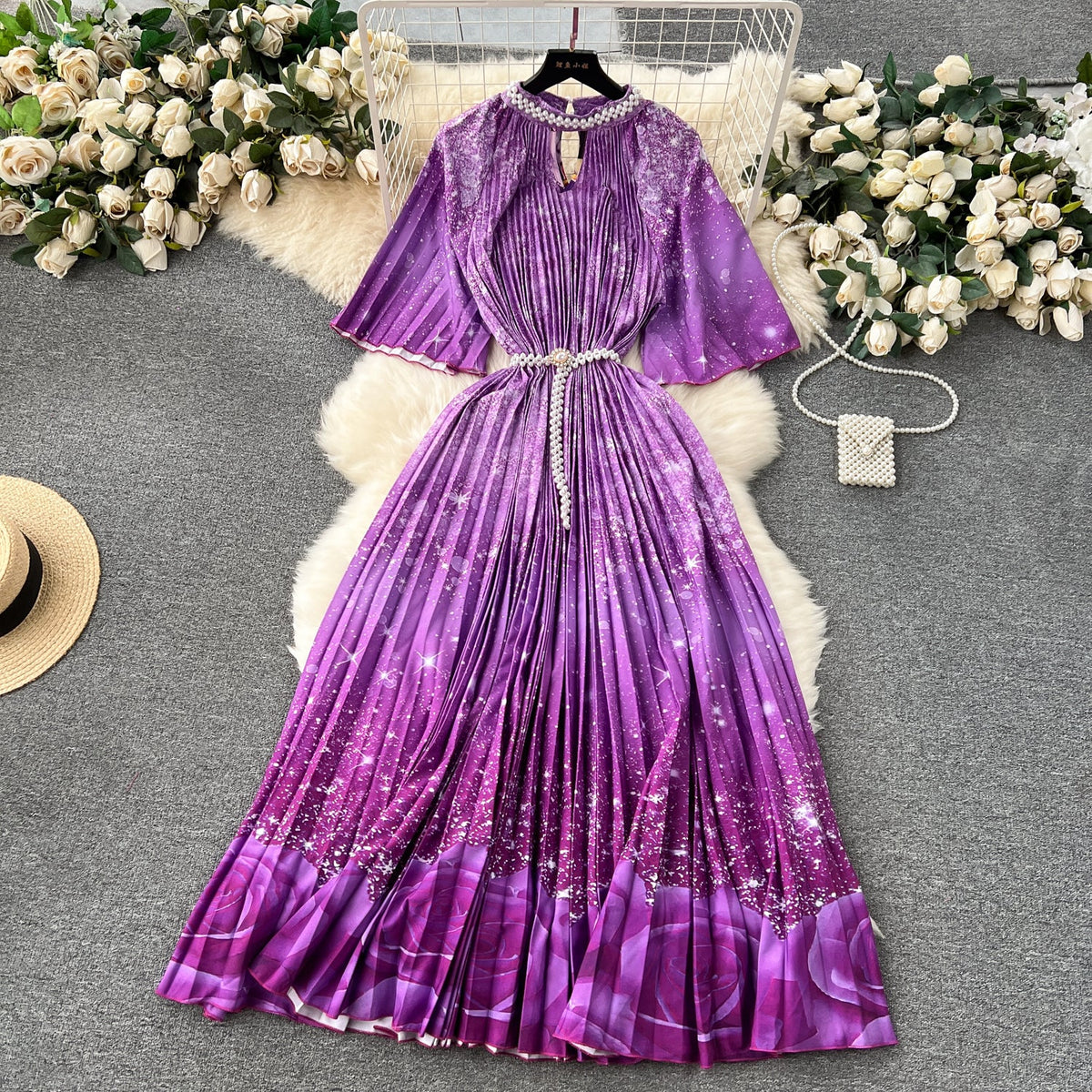 Elegant Beaded Floral Printed Dress