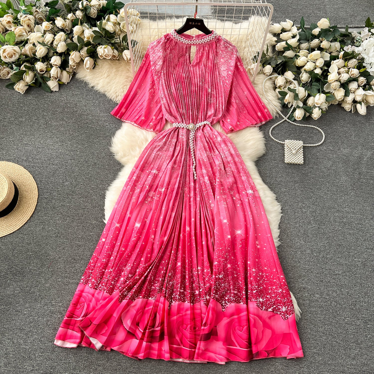 Elegant Beaded Floral Printed Dress