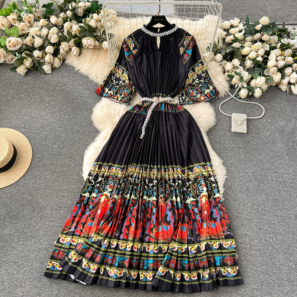 Elegant Beaded Floral Printed Dress