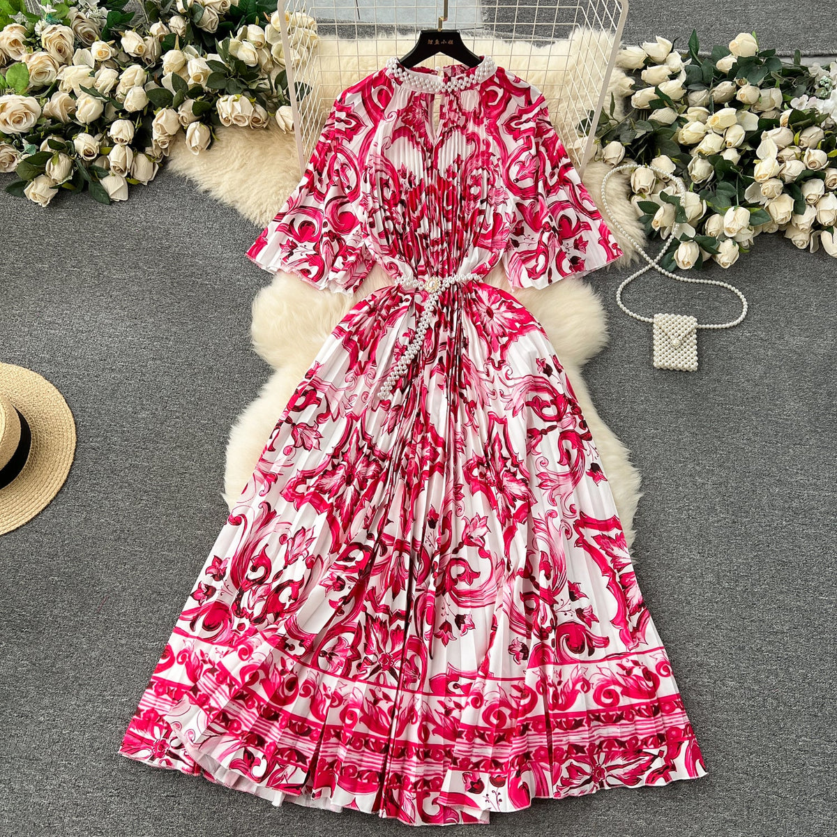 Elegant Beaded Floral Printed Dress