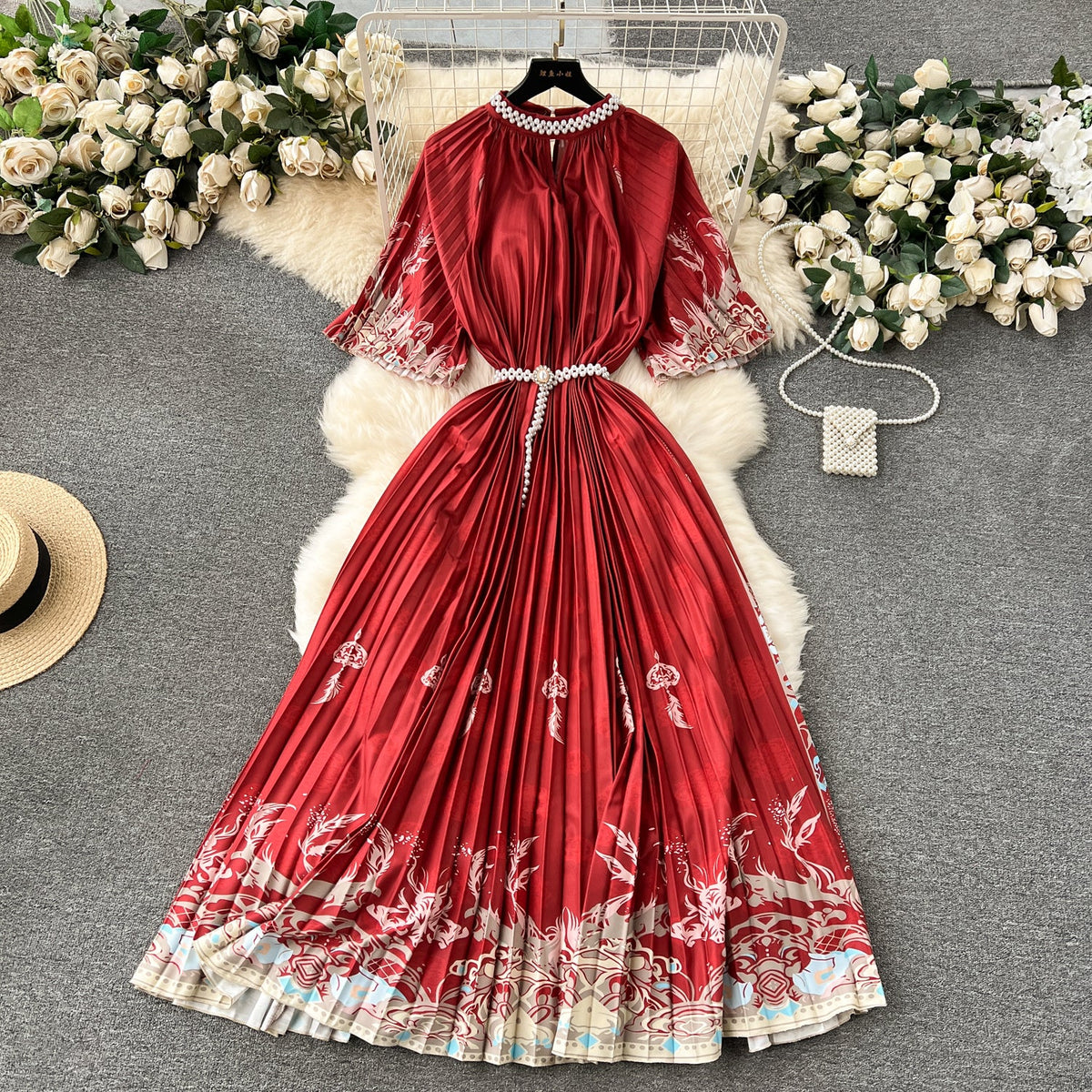 Elegant Beaded Floral Printed Dress