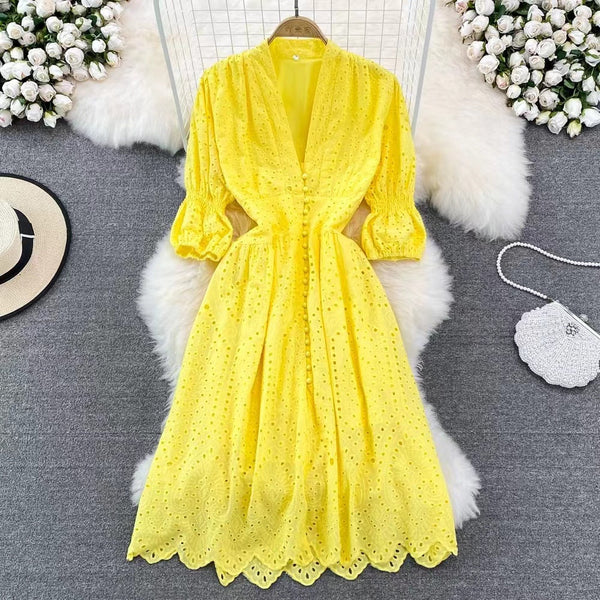 V-neck Puffy Sleeve Hollowed Dress
