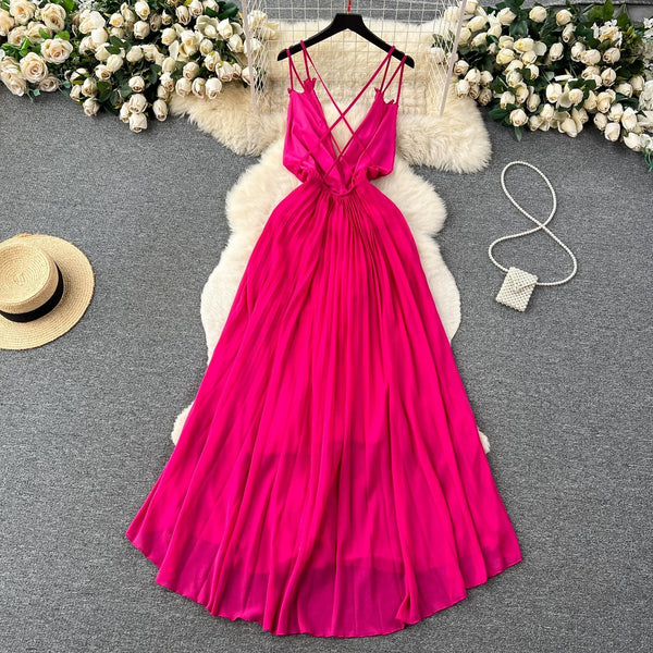 Rose Red Pleated V-neck Halter Dress