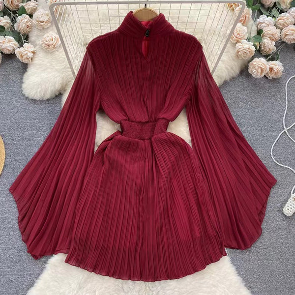 Premium Flared Sleeves Pleated Chiffon Dress