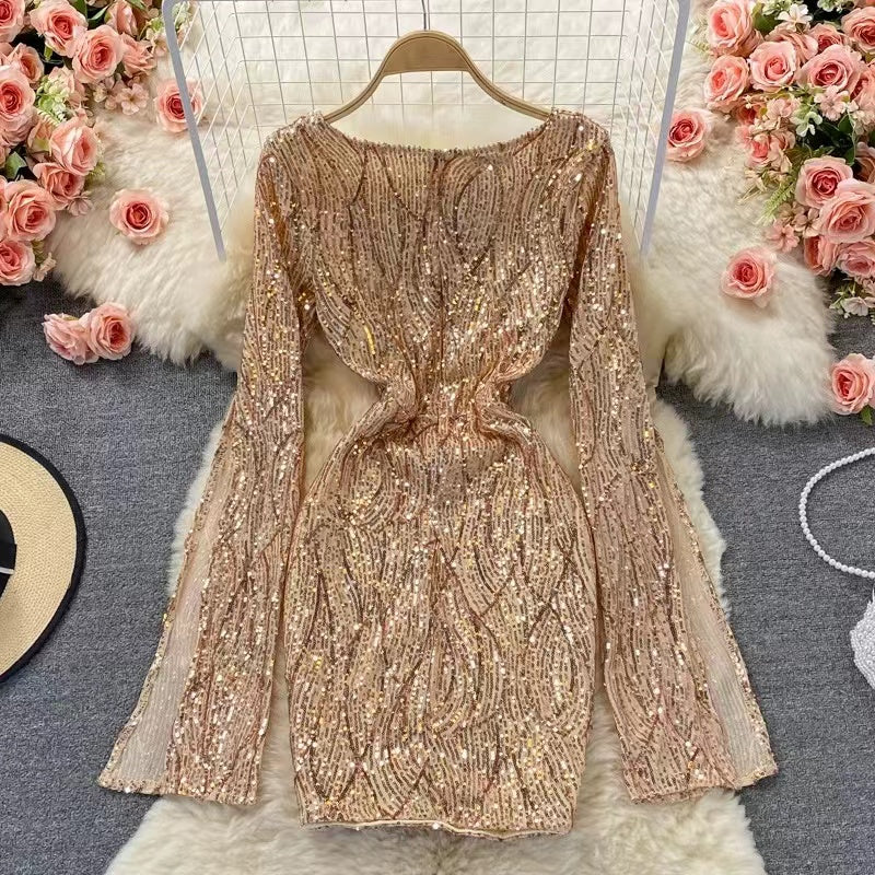 Sequin V-neck Hip-wrapping Dress