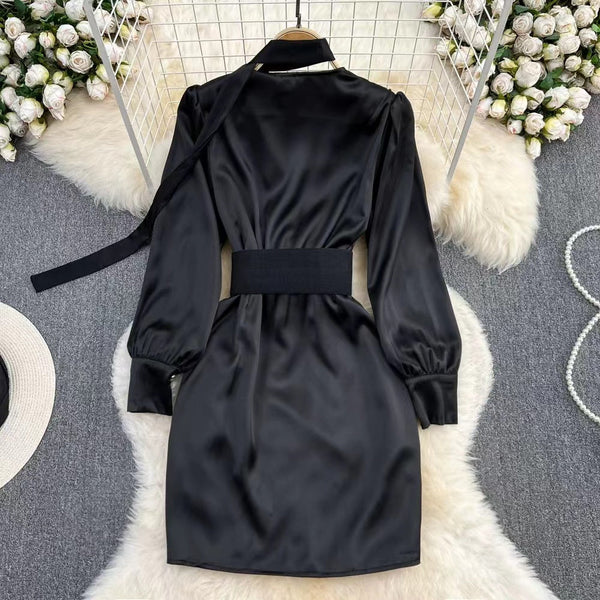 Acetate Satin V-neck Pleated Black Dress