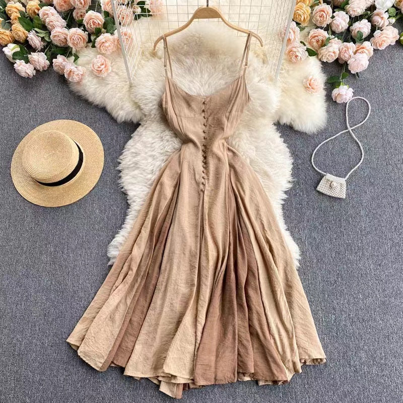 Color Blocking Square Collar Suspender Dress